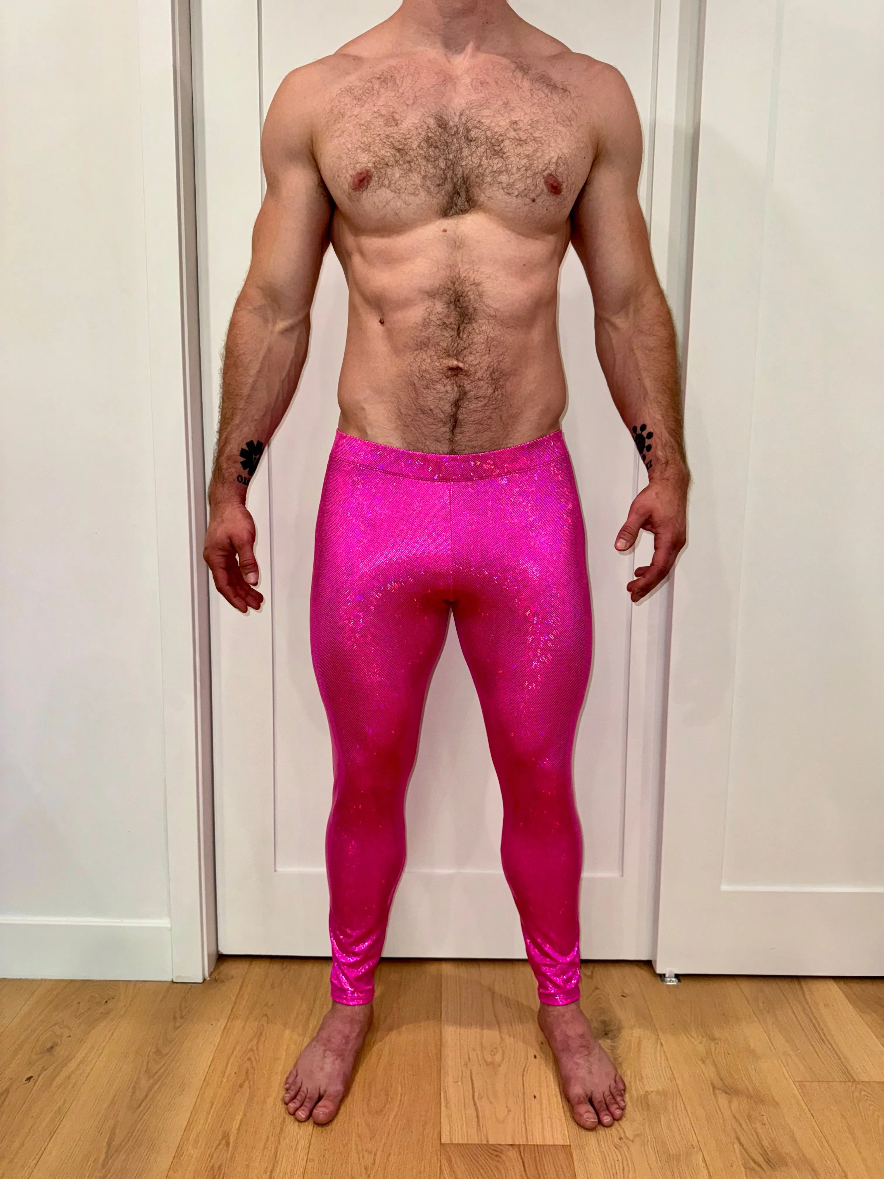 Disco Pink: Holographic Disco Pink Meggings - Pink Party Mens Leggings