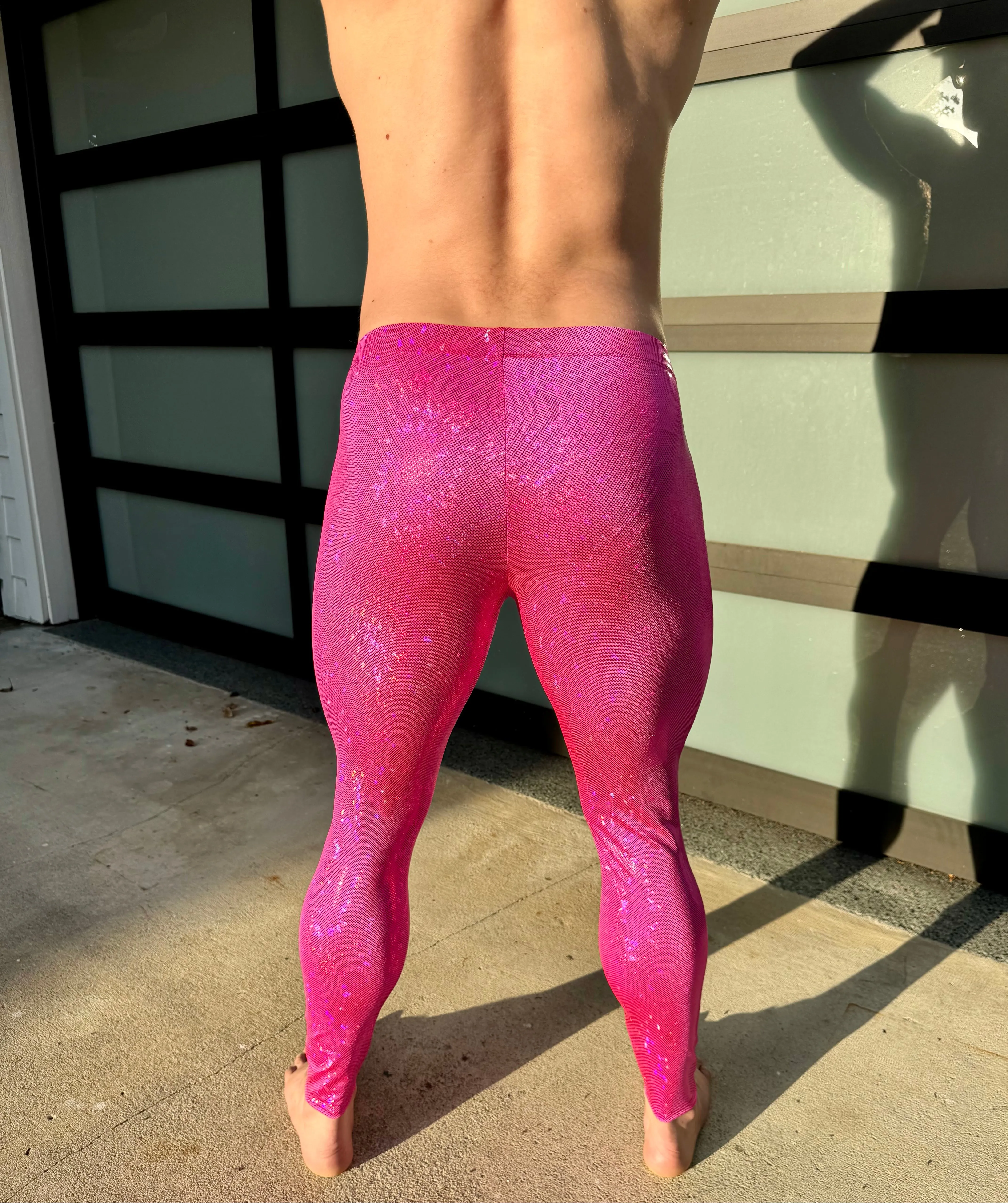 Disco Pink: Holographic Disco Pink Meggings - Pink Party Mens Leggings