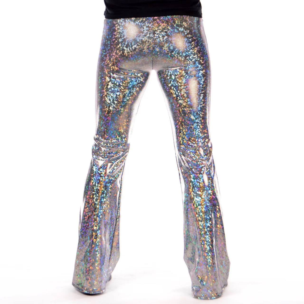 Disco Silver: Holographic Silver Mens Flares - 70's Mens Bell Bottoms