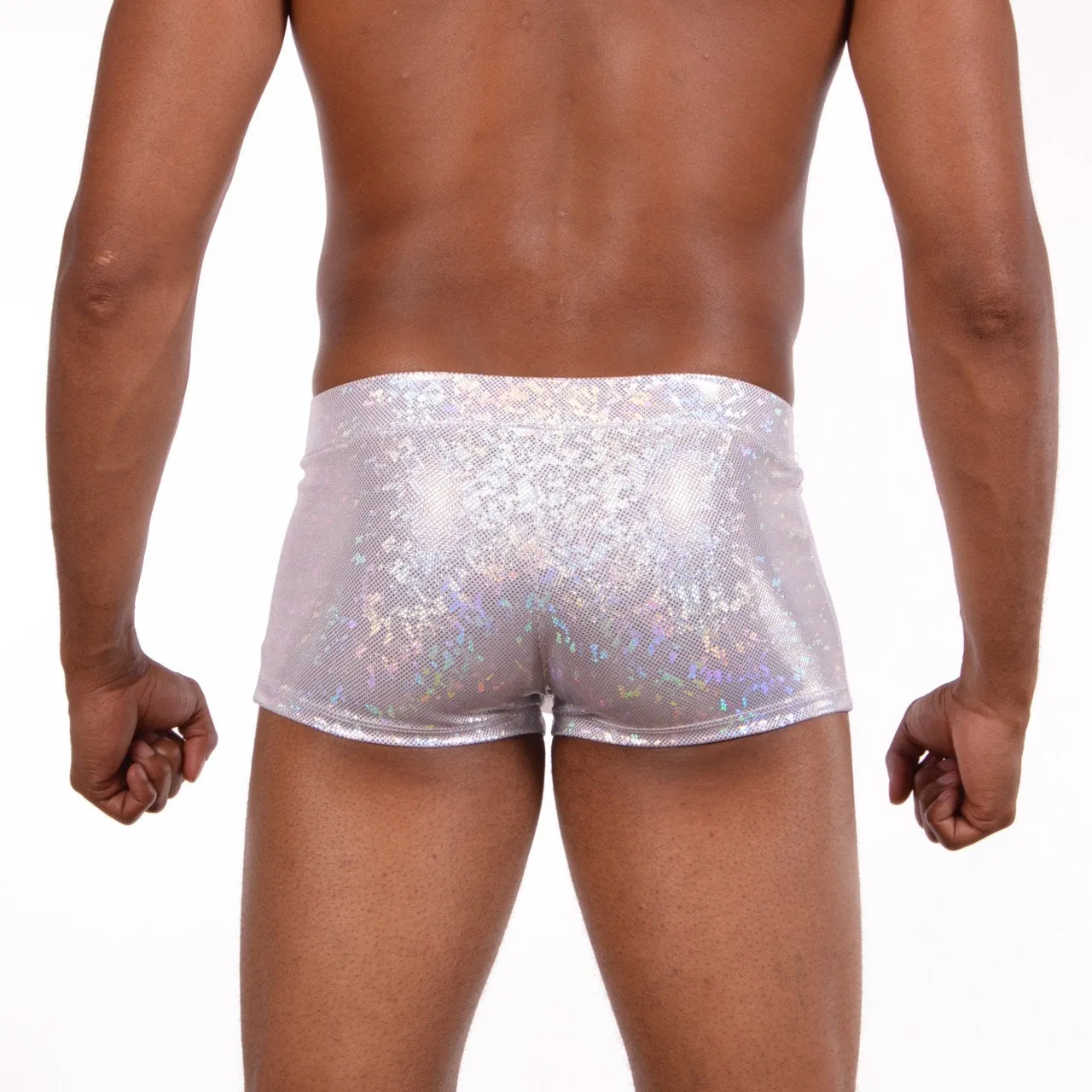 Disco White Booty Shorts With Front Pouch - Disco Ball - Made in The USA - Holographic Festival Clothing