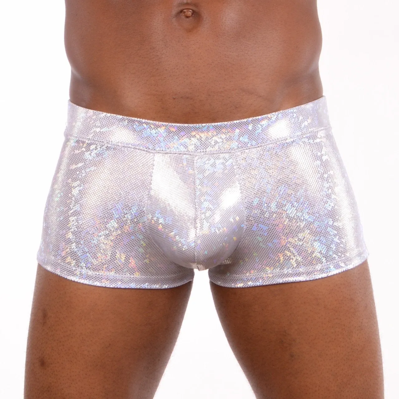 Disco White Booty Shorts With Front Pouch - Disco Ball - Made in The USA - Holographic Festival Clothing