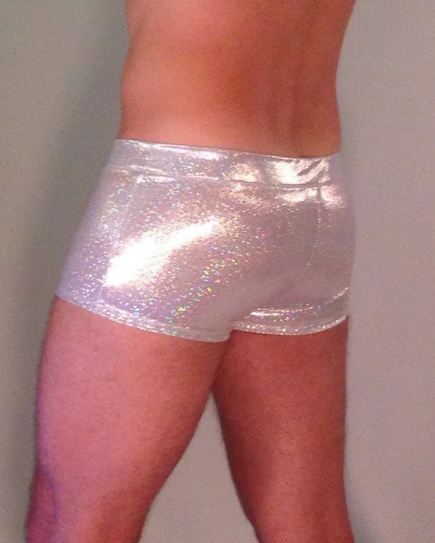 Disco White Booty Shorts With Front Pouch - Disco Ball - Made in The USA - Holographic Festival Clothing