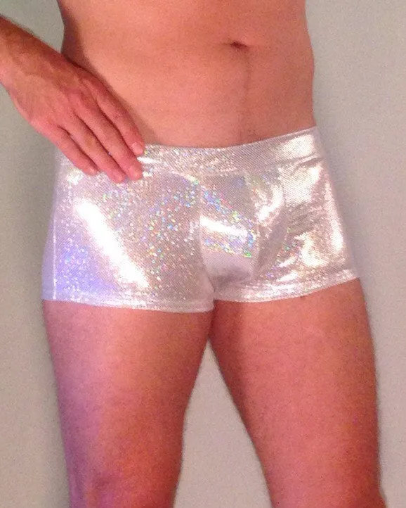 Disco White Booty Shorts With Front Pouch - Disco Ball - Made in The USA - Holographic Festival Clothing