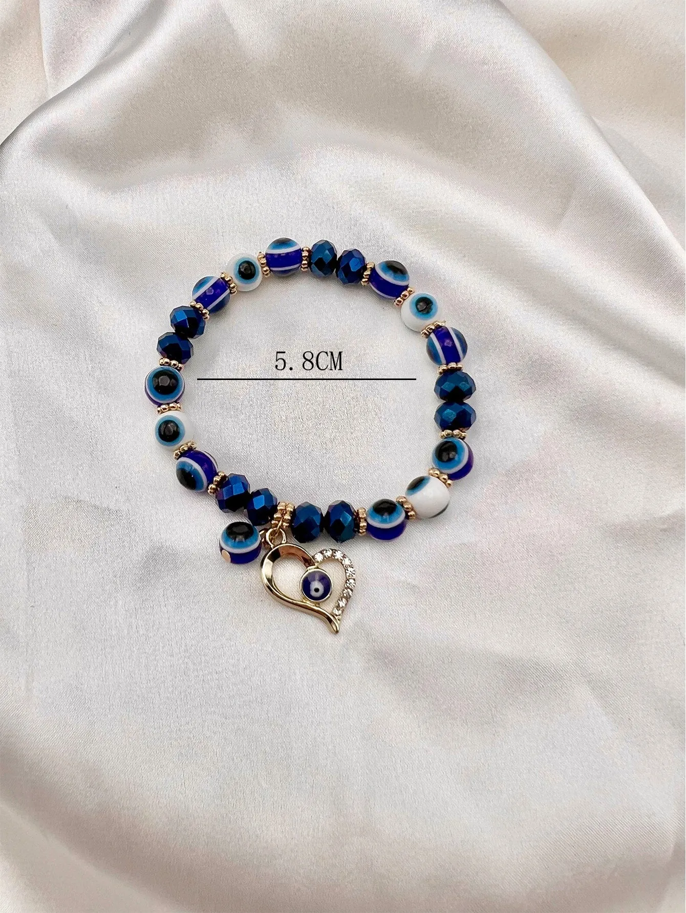 Evil Eye & Rhinestone Decor Heart Charm Holographic Blue Beaded Bracelet