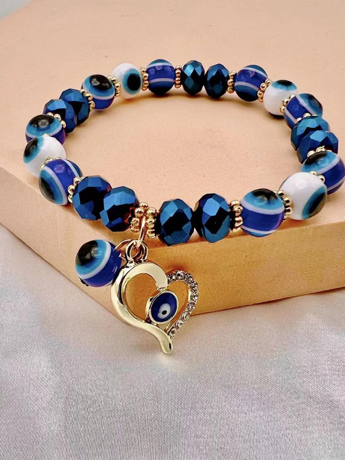 Evil Eye & Rhinestone Decor Heart Charm Holographic Blue Beaded Bracelet