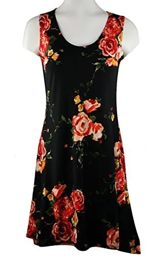 Fantazia Apparel Sleeveless Scoop Neck Sun Dress on a Floral Black Print Body