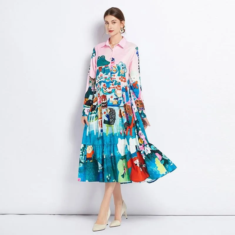 Fashionable Midi-Length Cartoon Printed Dress