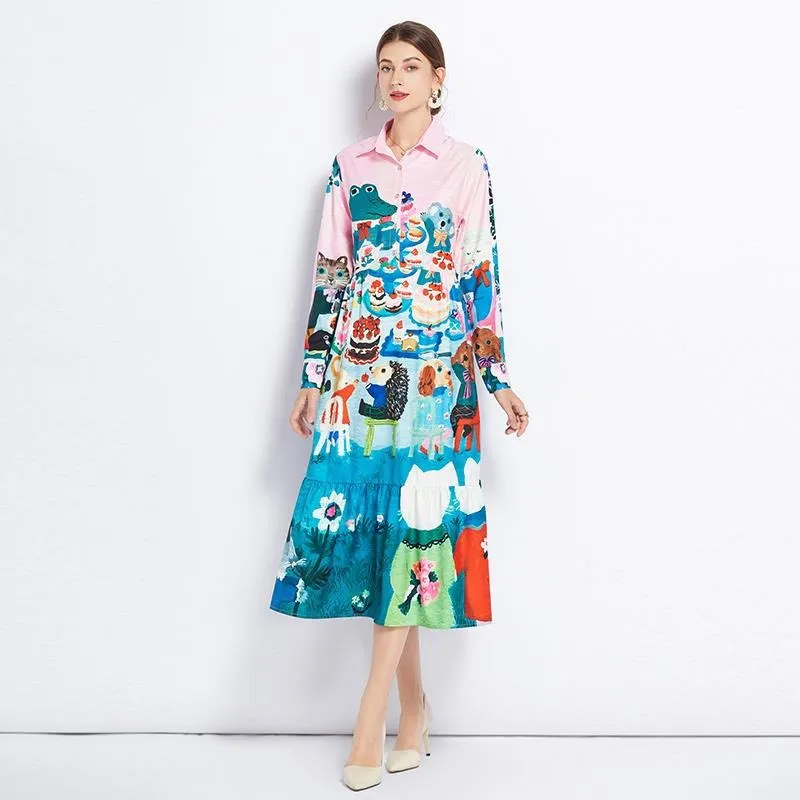 Fashionable Midi-Length Cartoon Printed Dress