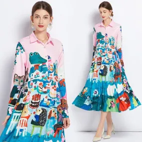 Fashionable Midi-Length Cartoon Printed Dress