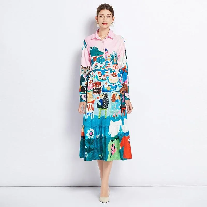 Fashionable Midi-Length Cartoon Printed Dress