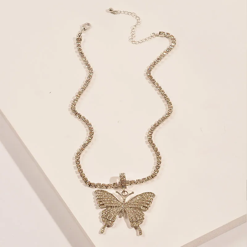 Faux Diamond Glass And Metal Tennis Bracelet Chain Necklace With Oversized Butterfly Pendant Charm, Lobster Claw Closure, Costume Jewelry, For Women, Available In 4 Finishes