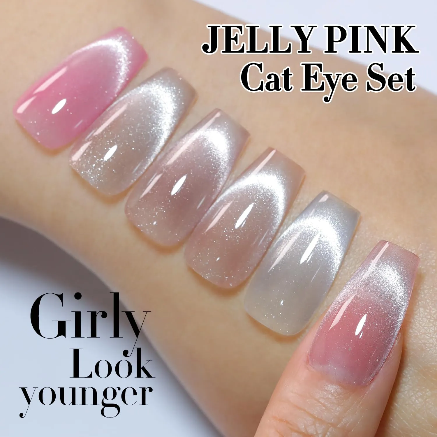 French Kitty (9d Cat Eye Gel Nail Polish Colors Shimmer Glitter with Magnet 9D Holographic Reflective Magnetic Nail Polish Nude Pink, White)