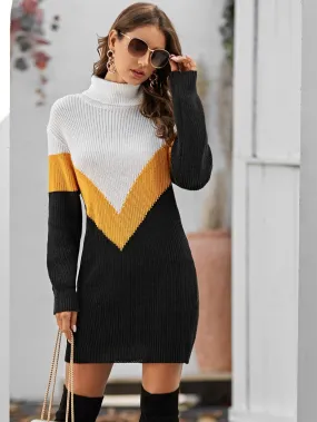 Funnel Neck Chevron Colourblock Jumper Dress