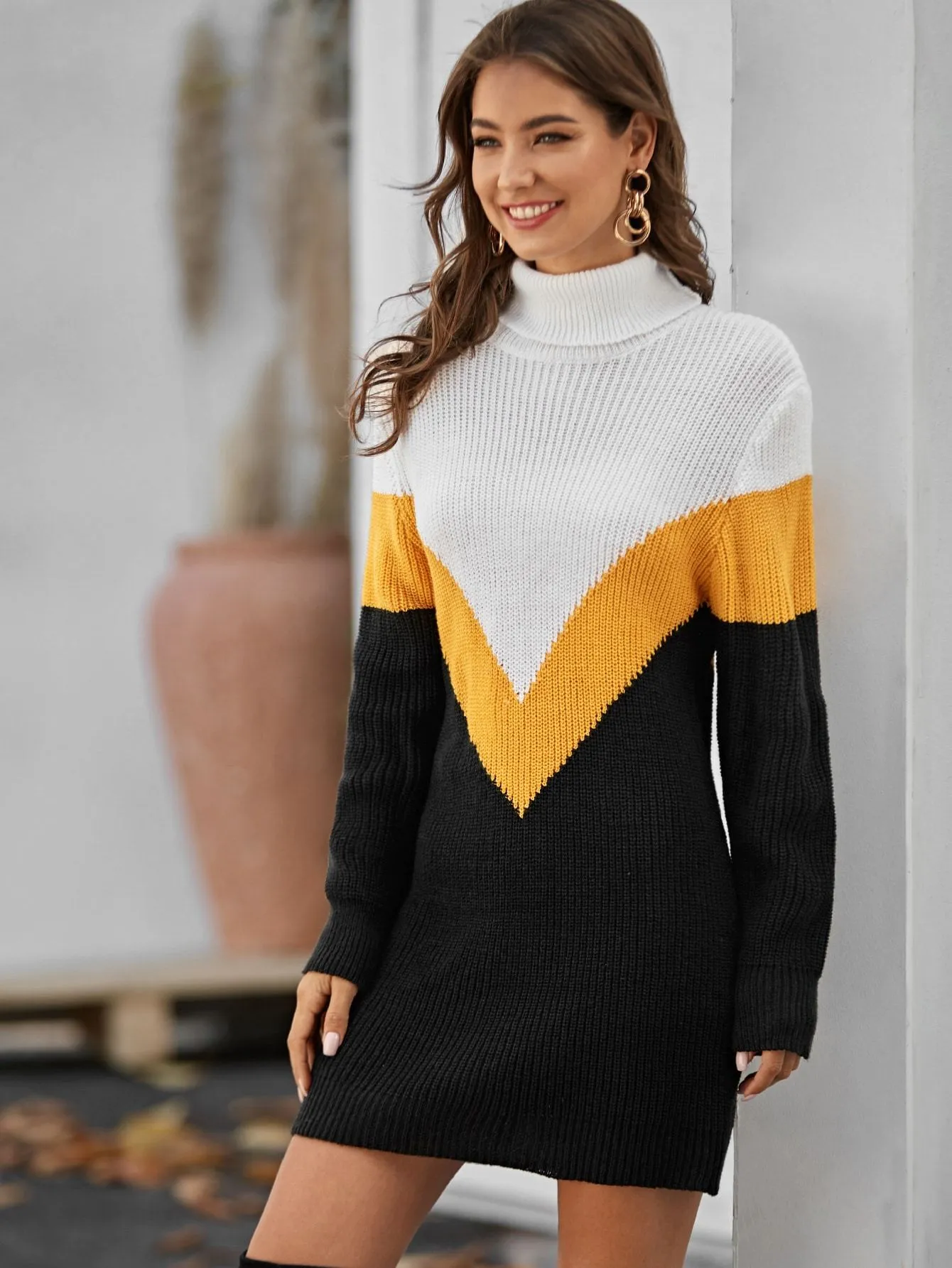 Funnel Neck Chevron Colourblock Jumper Dress