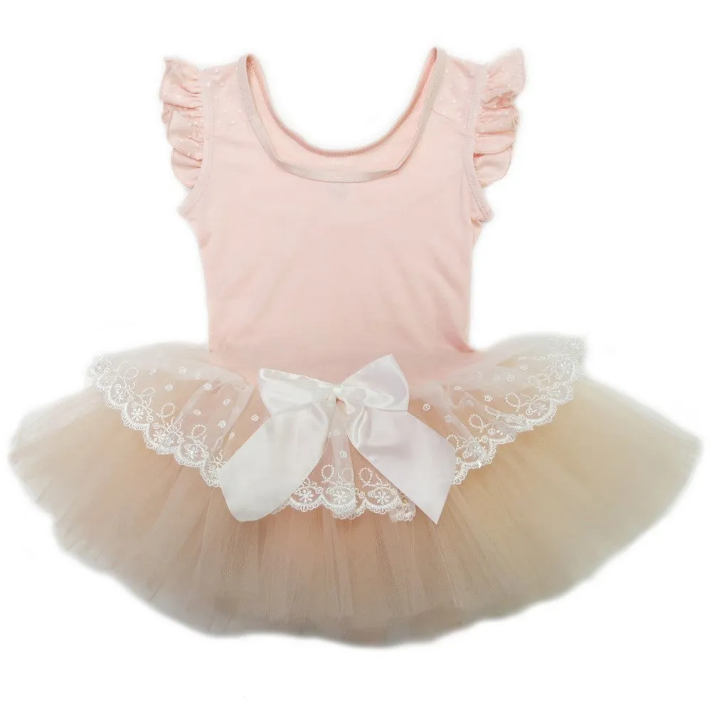 Girls Peach Lace Bow Flutter Sleeve Ballet Dress S (9-24M)-XL (6-8)