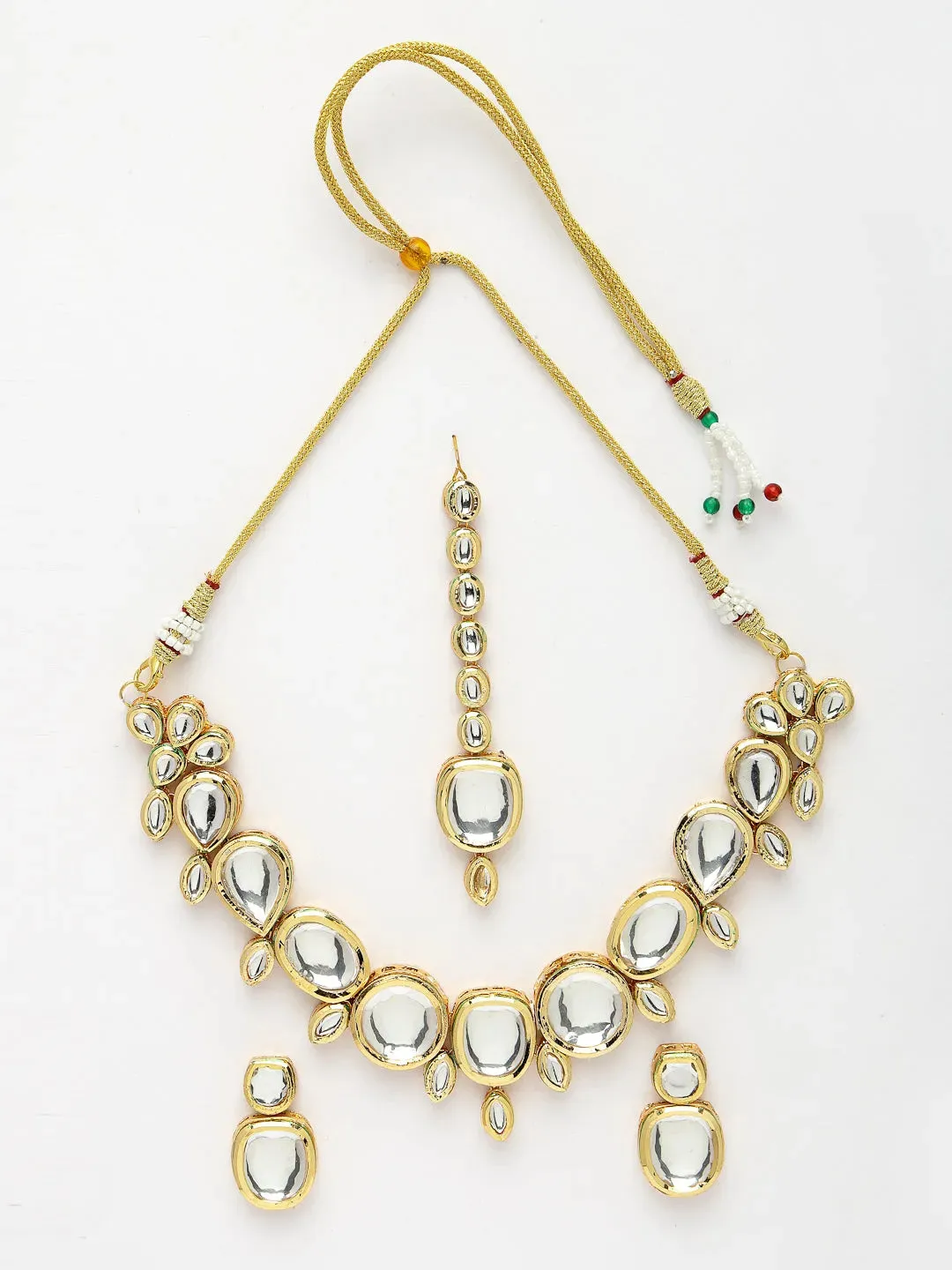 Gold Kundan-Studded Necklace and Earrings with Mang Tikka