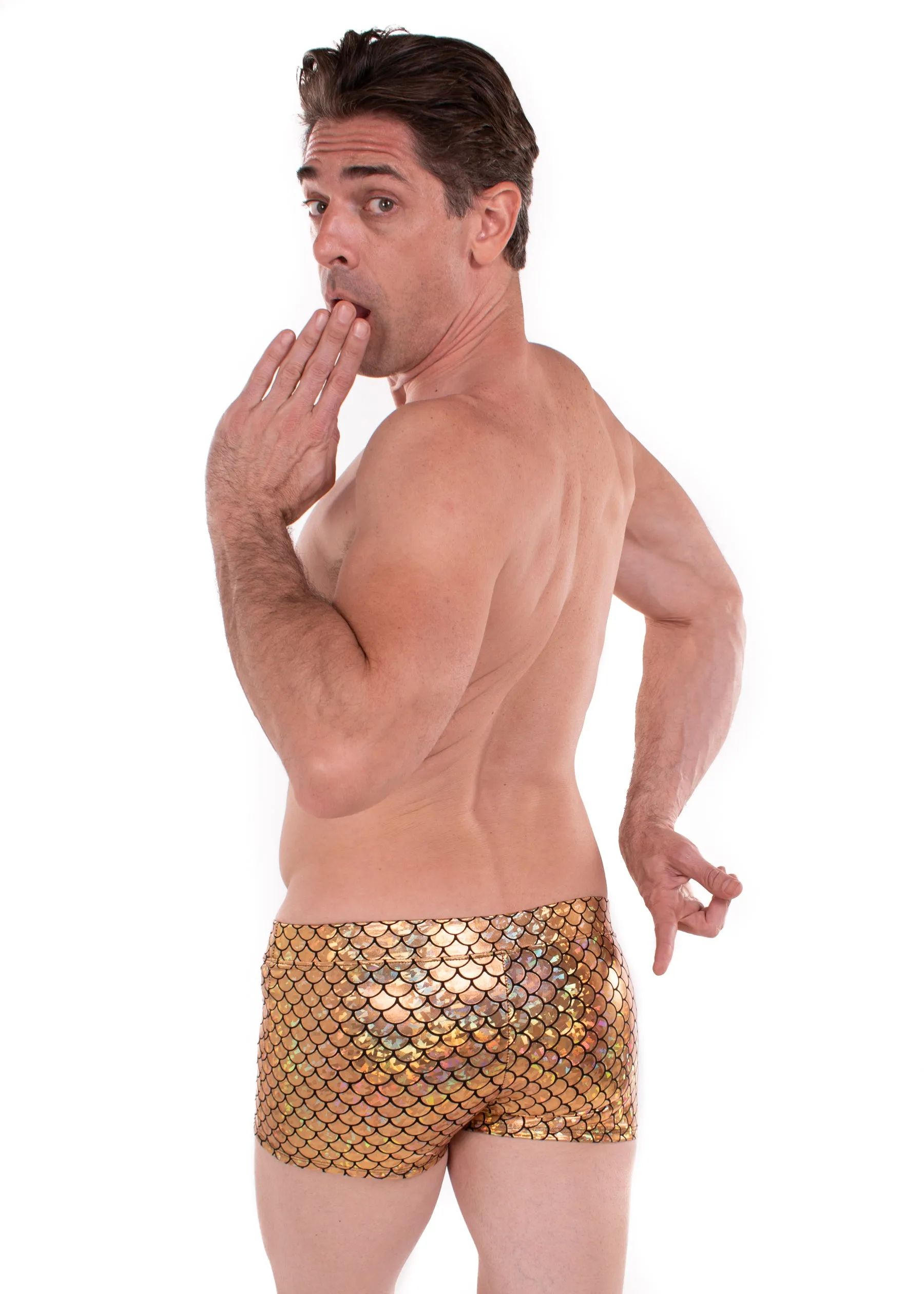 Gold Merman - Men's Pouch Booty Shorts // Disco Fish Scale Square Front Swim Trunks // Gold Fish