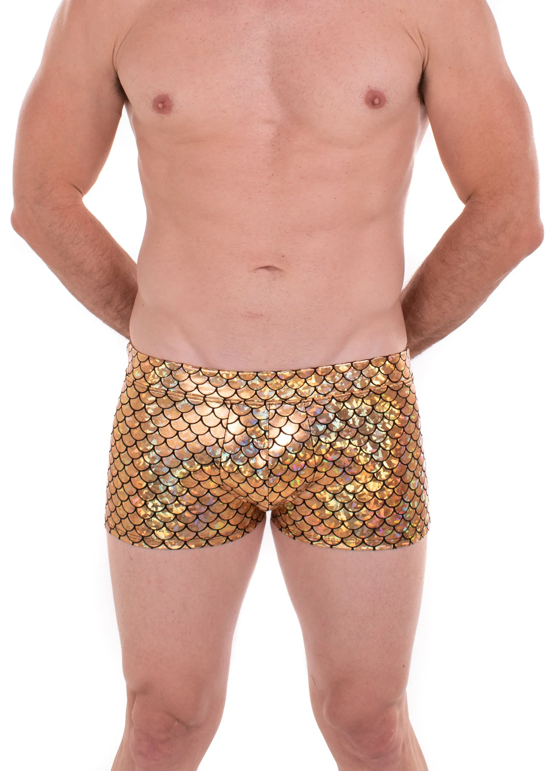 Gold Merman - Men's Pouch Booty Shorts // Disco Fish Scale Square Front Swim Trunks // Gold Fish