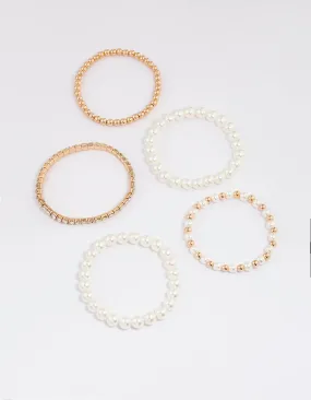 Gold Mixed Diamante Pearl Stretch Bracelet Pack