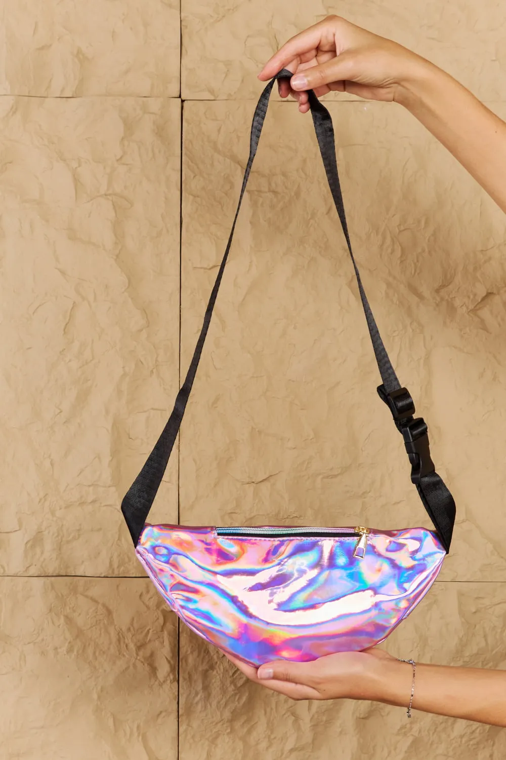 Good Vibrations Holographic Double Zipper Fanny Pack in Hot Pink