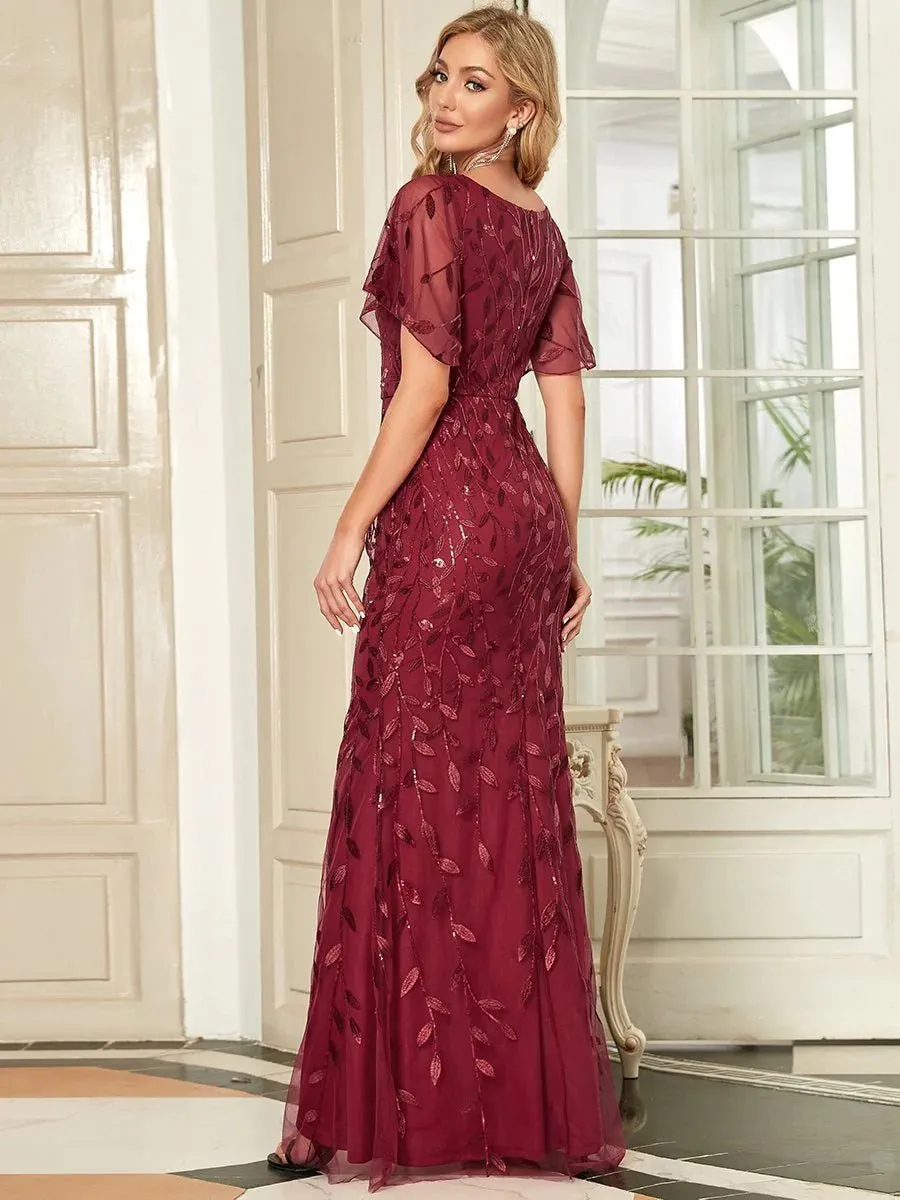 Gorgeous V Neck Leaf-Sequined Fishtail Party Formal Dress