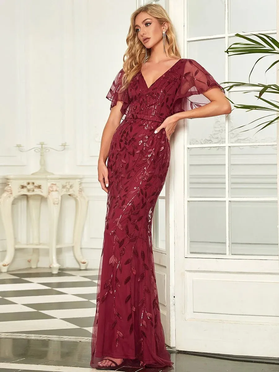 Gorgeous V Neck Leaf-Sequined Fishtail Party Formal Dress