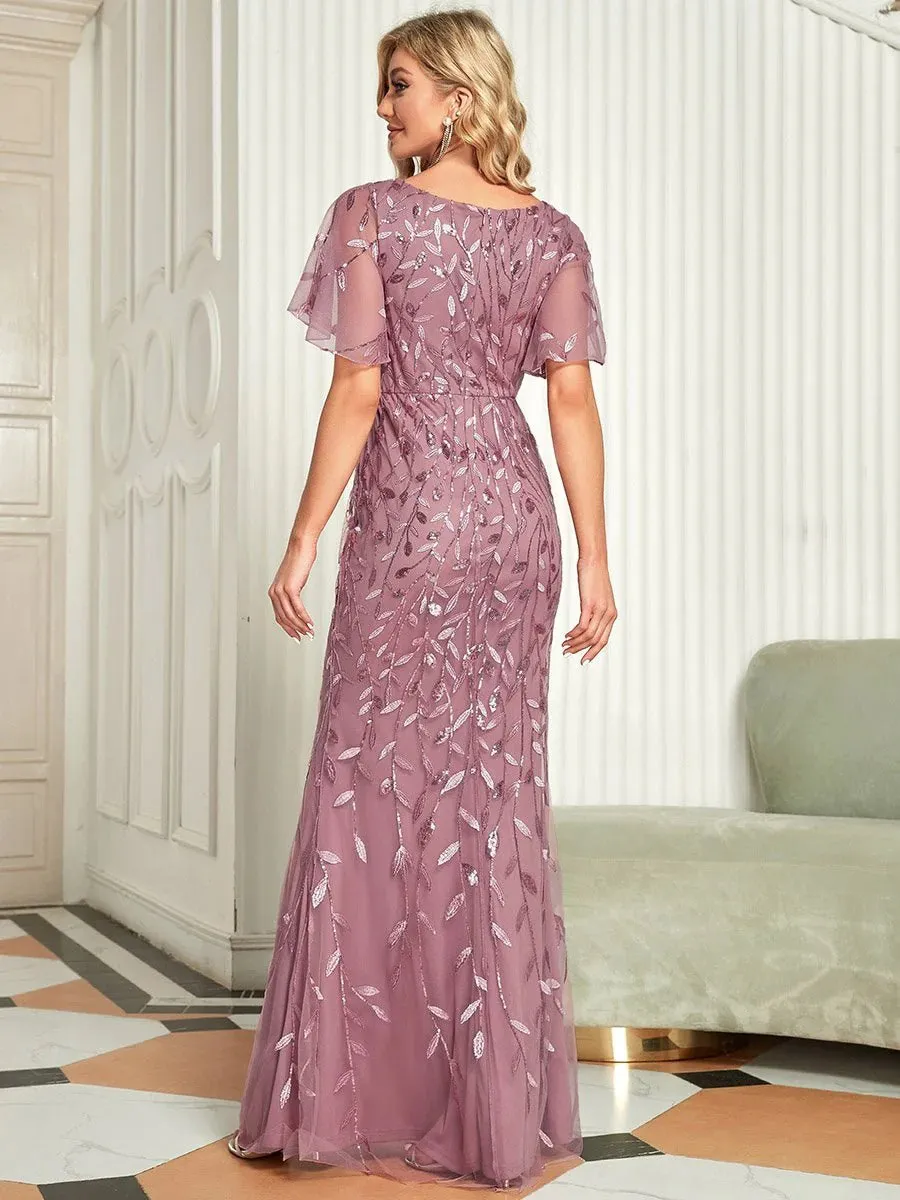 Gorgeous V Neck Leaf-Sequined Fishtail Party Formal Dress