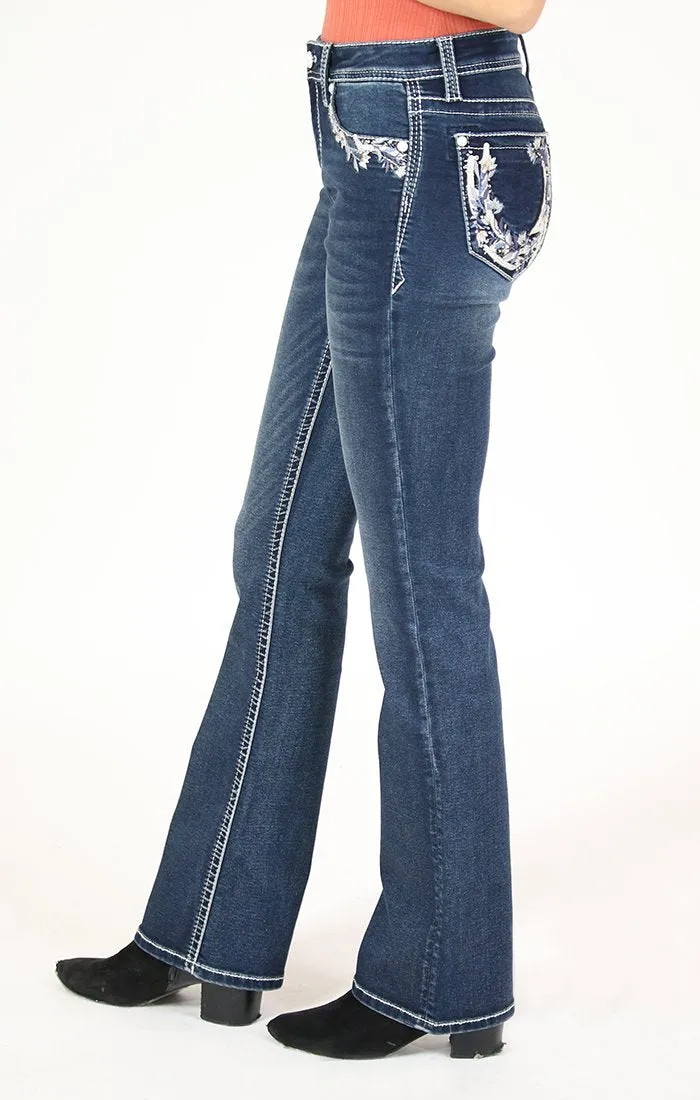 GRACE IN LA FLORAL HORSESHOE EMBELLISHED KNIT DENIM BOOTCUT JEANS STYLE 61402