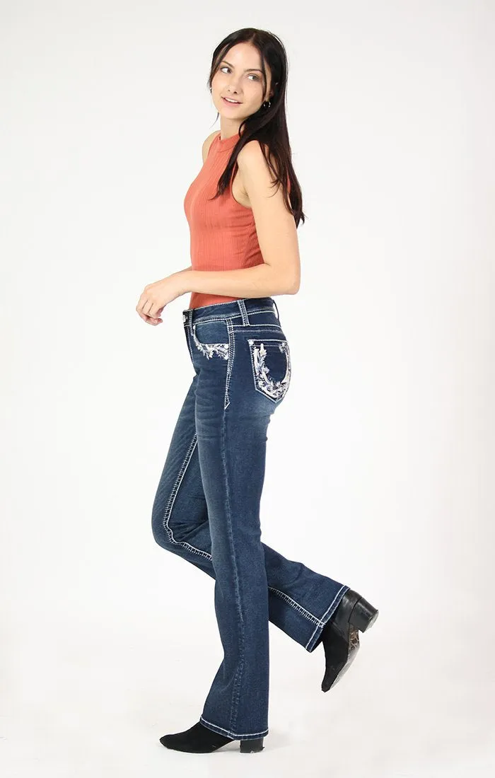 GRACE IN LA FLORAL HORSESHOE EMBELLISHED KNIT DENIM BOOTCUT JEANS STYLE 61402