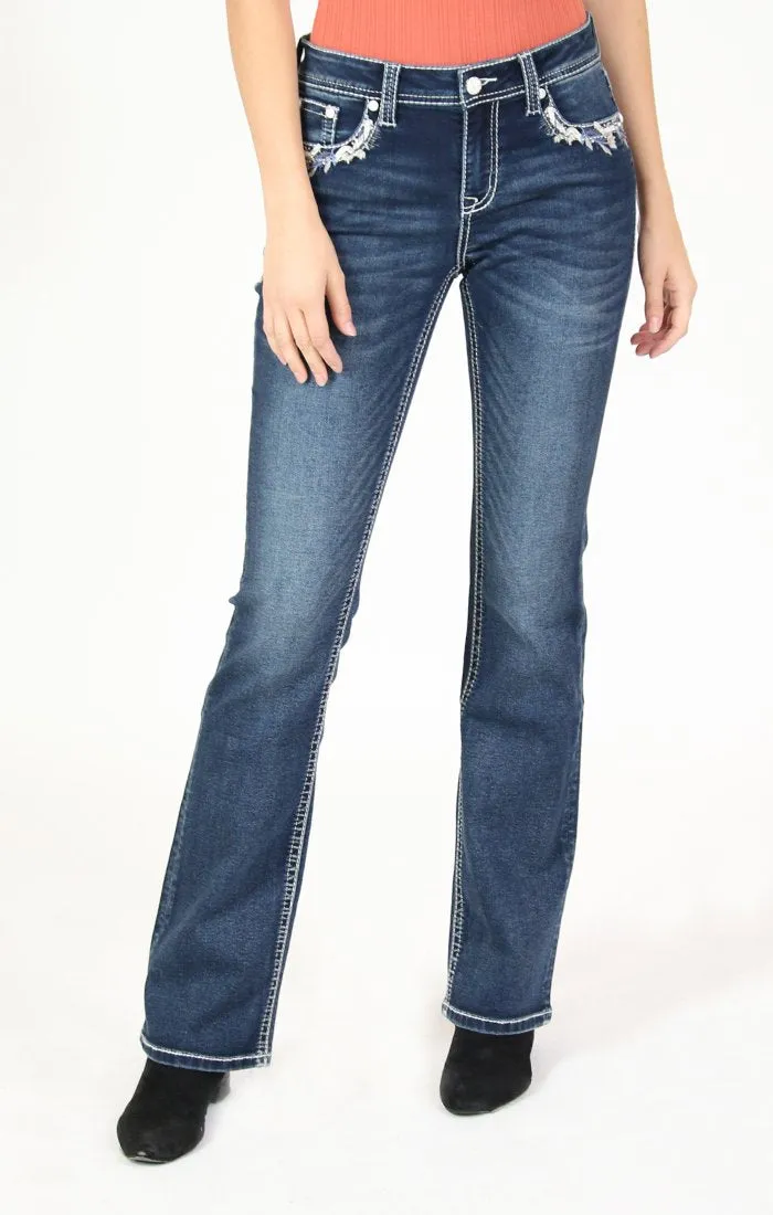 GRACE IN LA FLORAL HORSESHOE EMBELLISHED KNIT DENIM BOOTCUT JEANS STYLE 61402