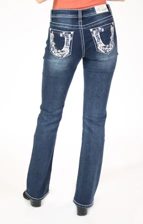 GRACE IN LA FLORAL HORSESHOE EMBELLISHED KNIT DENIM BOOTCUT JEANS STYLE 61402