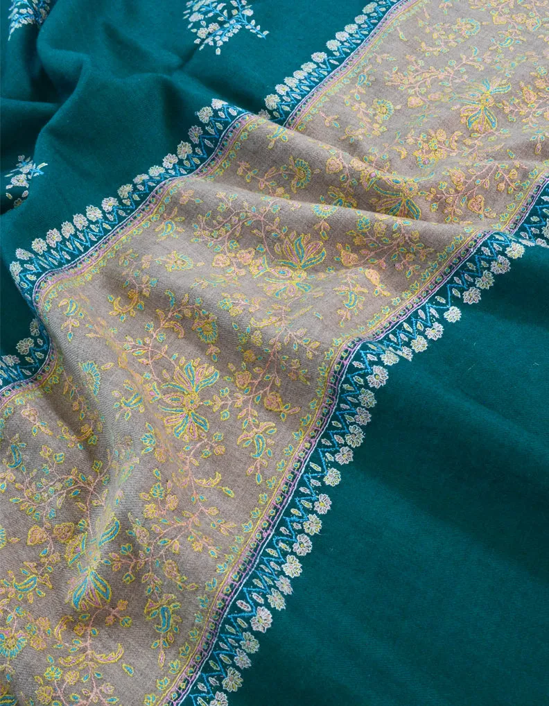 Green & Natural Pashmina Shawl With Sozni Work 5402