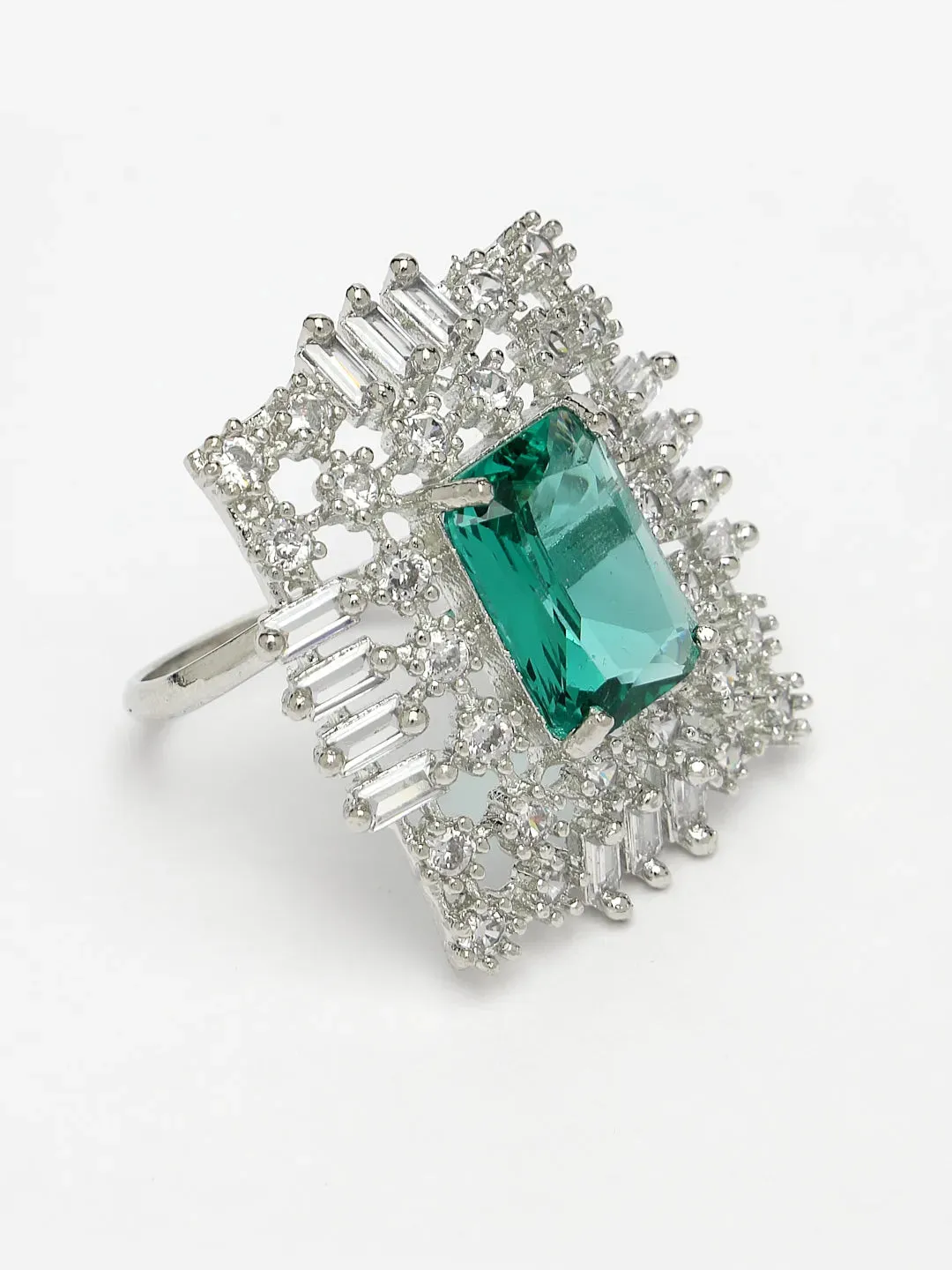 Green & Silver CZ-Studded  Square-Shaped Adjustable Finger Ring