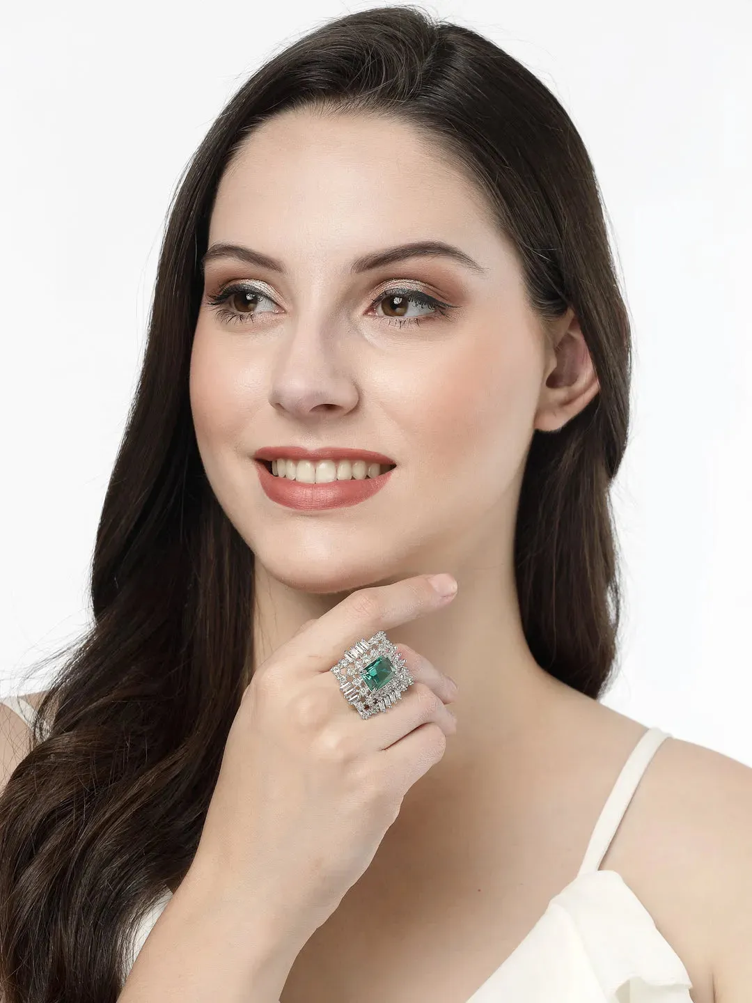 Green & Silver CZ-Studded  Square-Shaped Adjustable Finger Ring