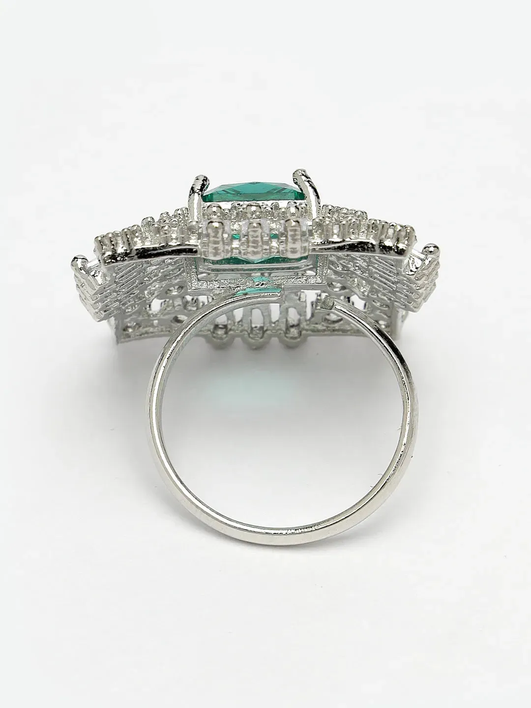 Green & Silver CZ-Studded  Square-Shaped Adjustable Finger Ring