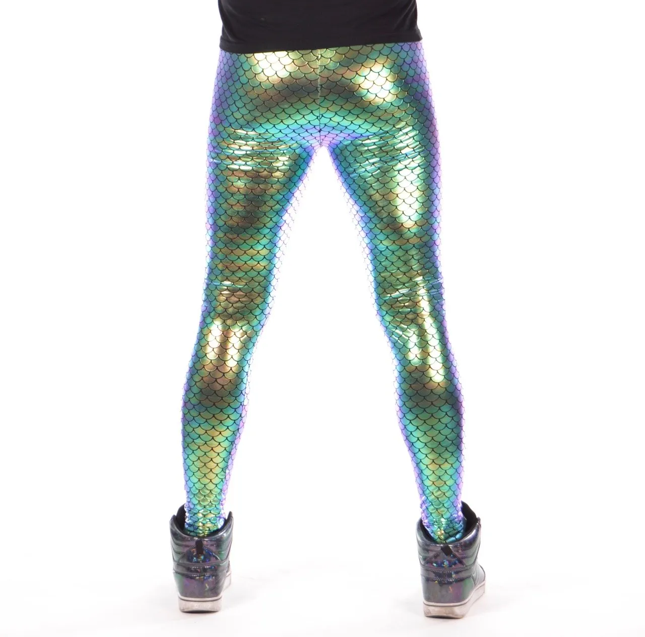 Green Mermaid: Holographic Merman Meggings - Mermaid Scale Mens Leggings