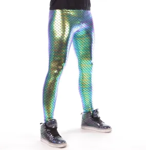 Green Mermaid: Holographic Merman Meggings - Mermaid Scale Mens Leggings