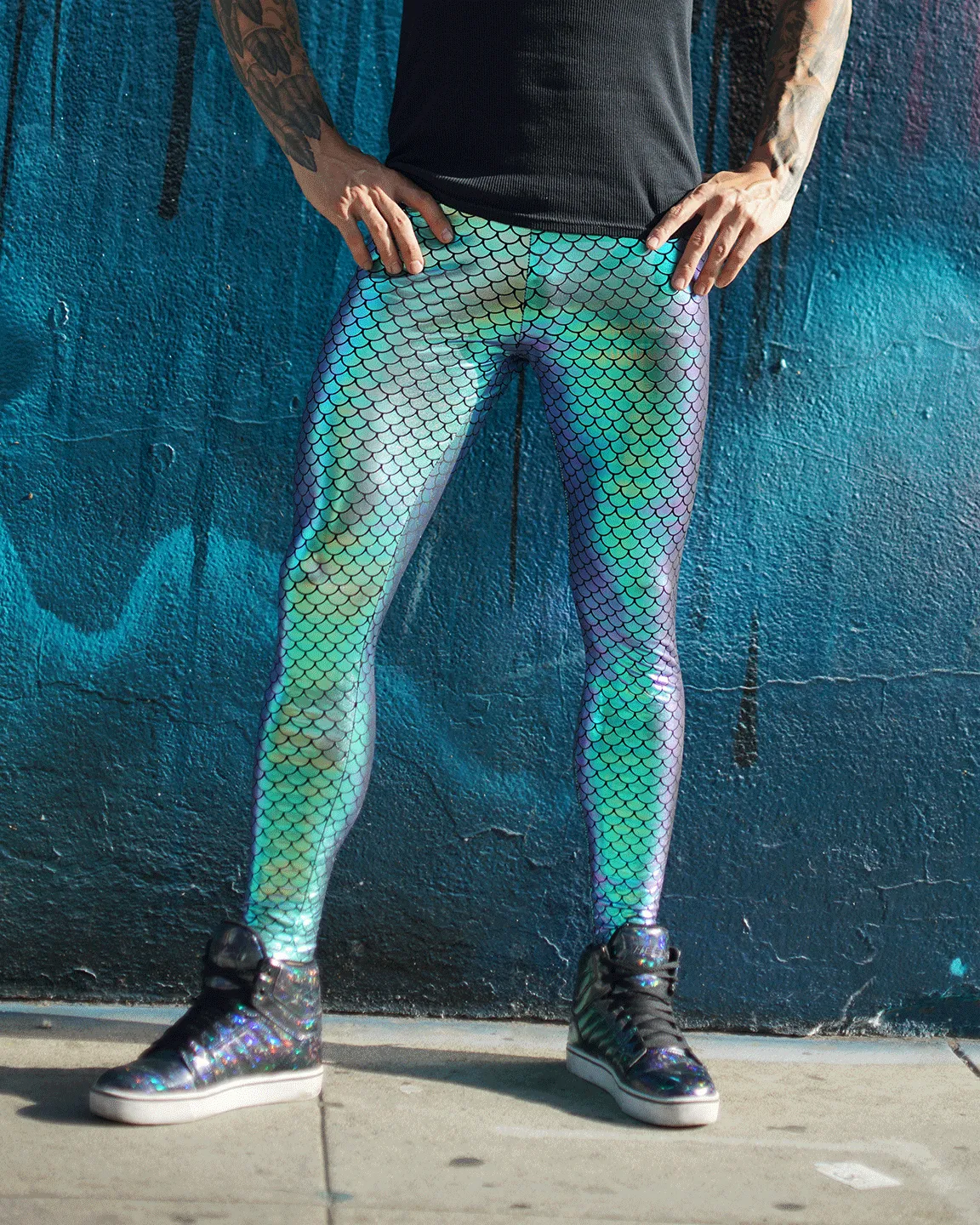 Green Mermaid: Holographic Merman Meggings - Mermaid Scale Mens Leggings