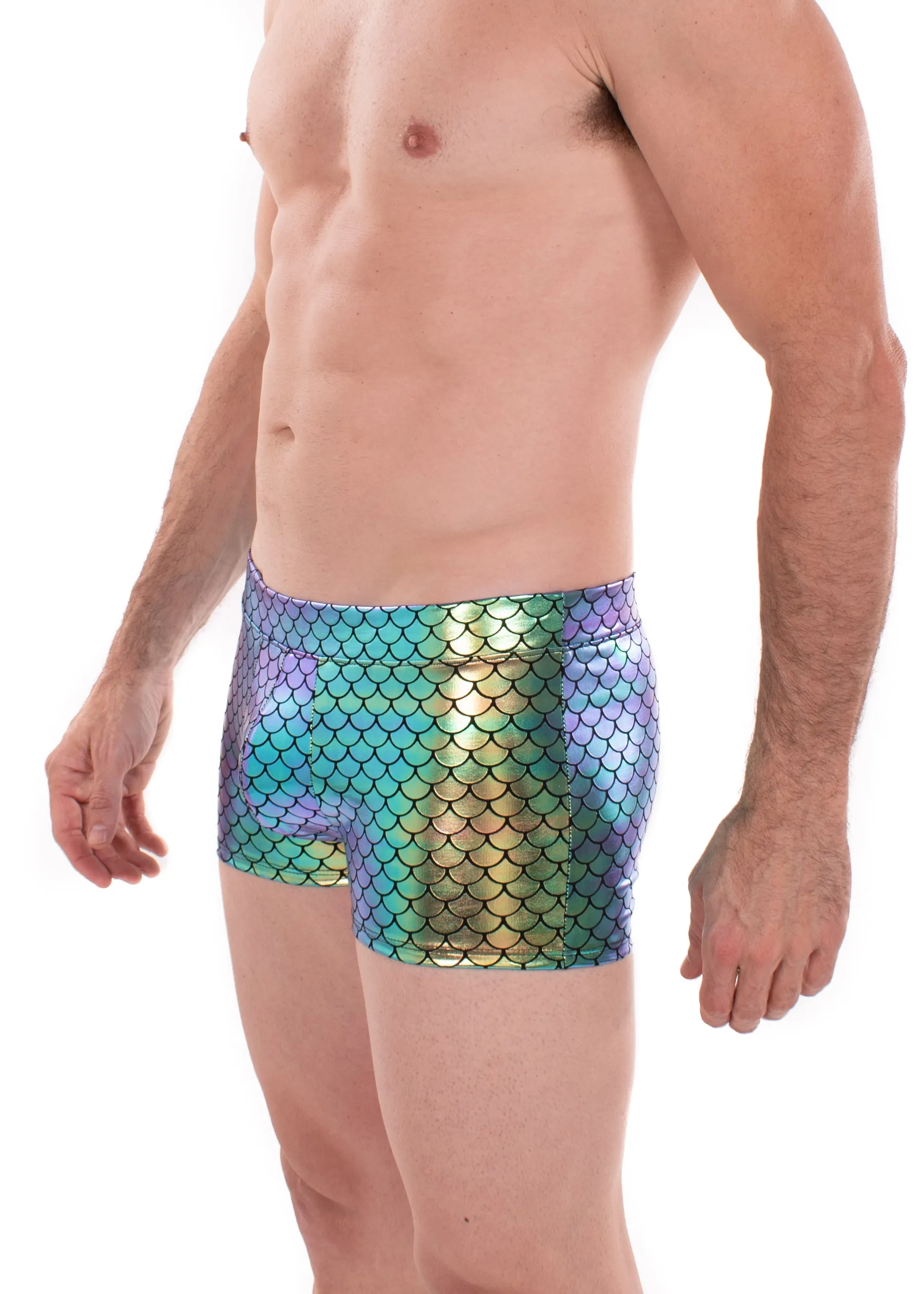 Green Merman - Men's Pouch Booty Shorts // Disco Fish Scale Square Front Swim Trunks