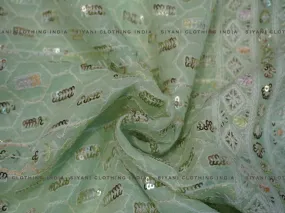 Green Sequins And Thread Embroidered Chiffon Fabric