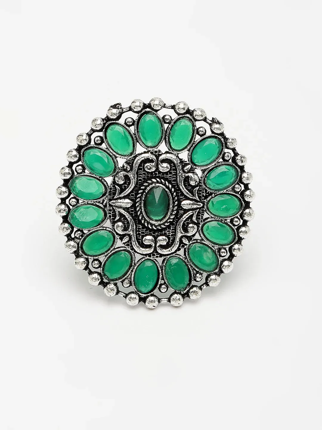 Green Silver-Plated Circular Shape Adjustable Finger Ring