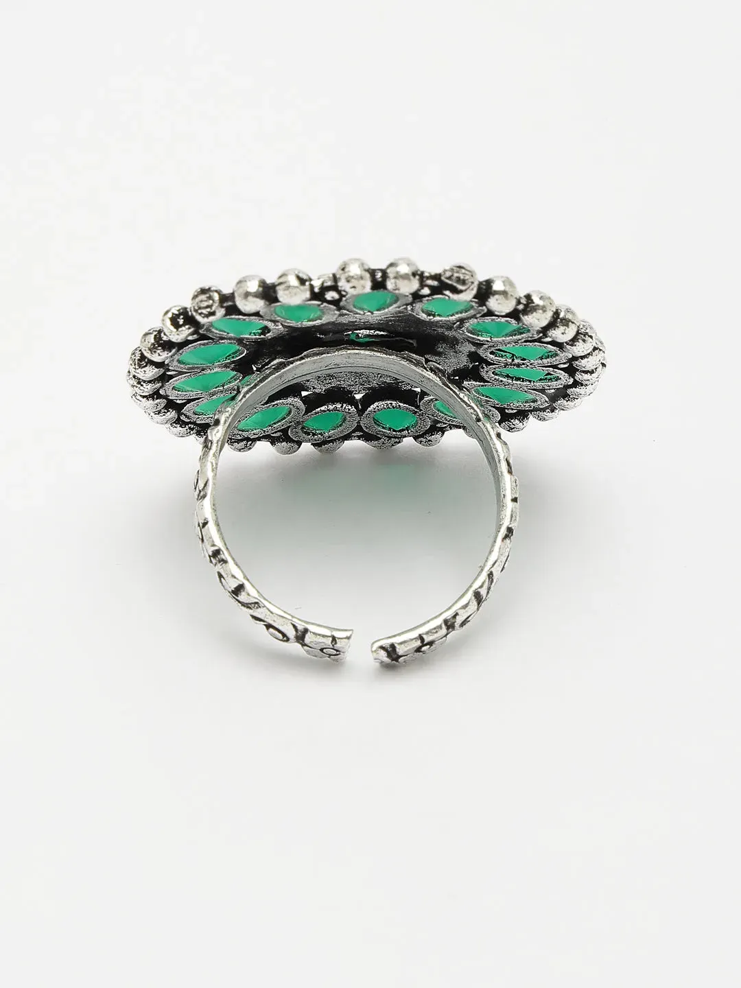 Green Silver-Plated Circular Shape Adjustable Finger Ring