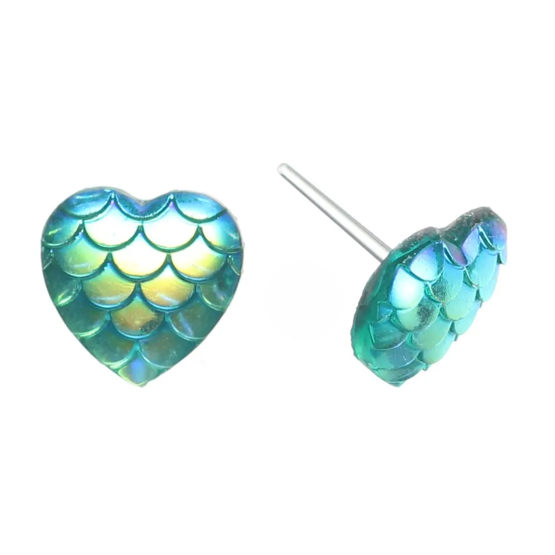 Heart Mermaid Studs Hypoallergenic Earrings for Sensitive Ears Made with Plastic Posts