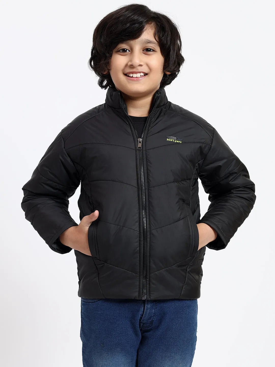 HiFlyers Boys Regular Fit | Polyster |Fluffy Full Sleeves |Quilted Insulation|High Neck Stand Collar|Zipper Jacket -Black