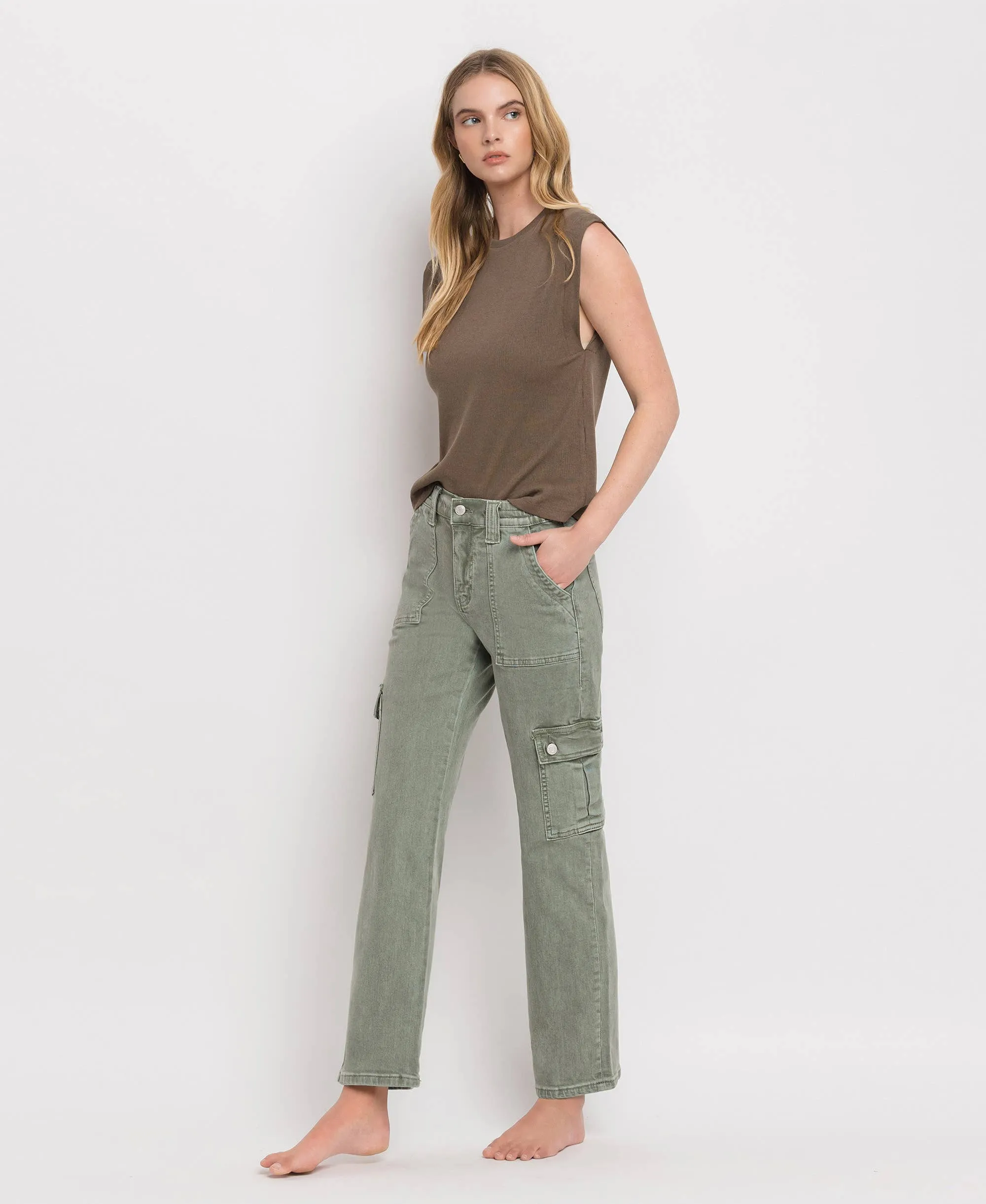 HIGH RISE CARGO PATCH POCKET STRAIGHT JEANS