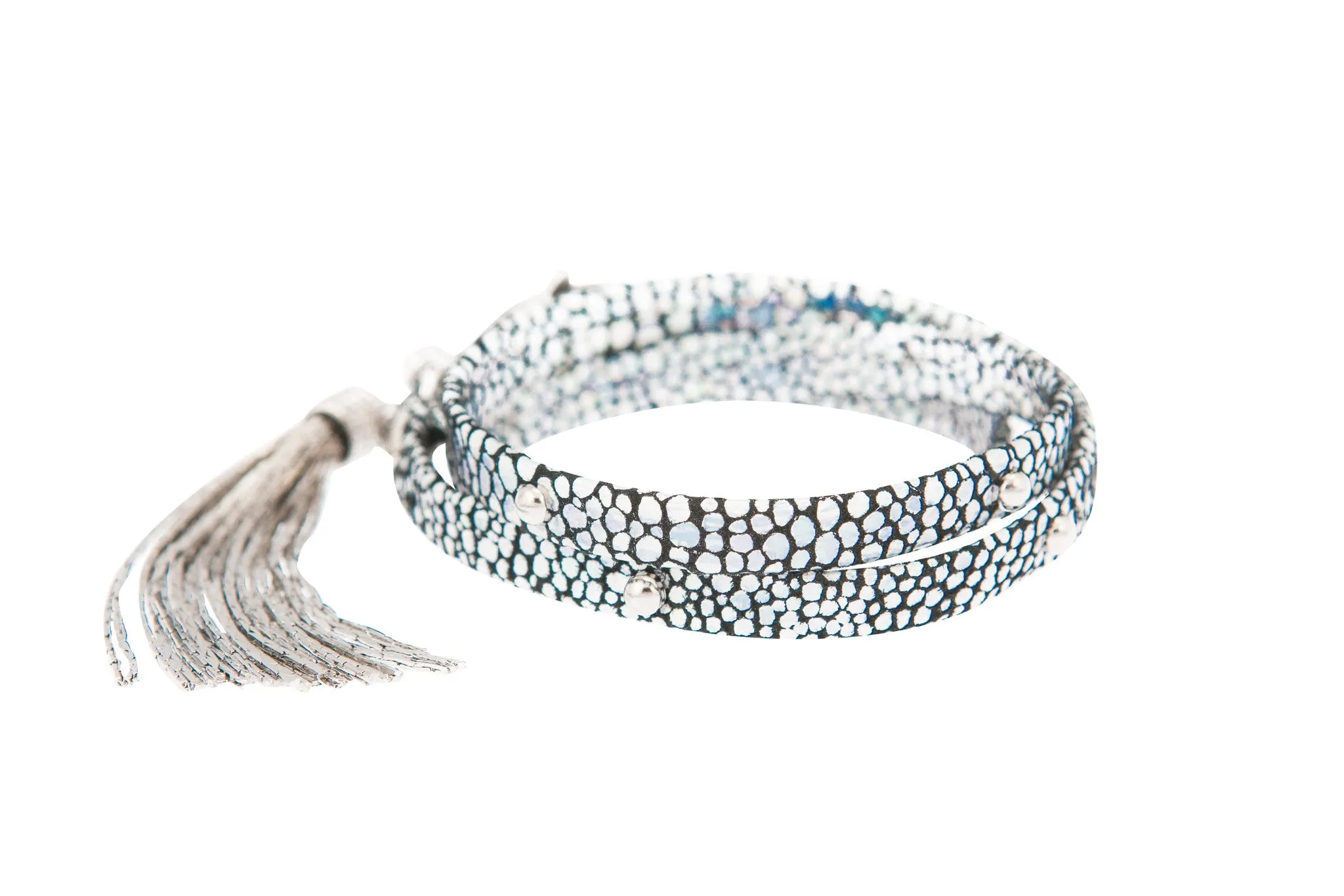 Holographic Crackle Leather Studded Bracelet With Art Deco Tassel