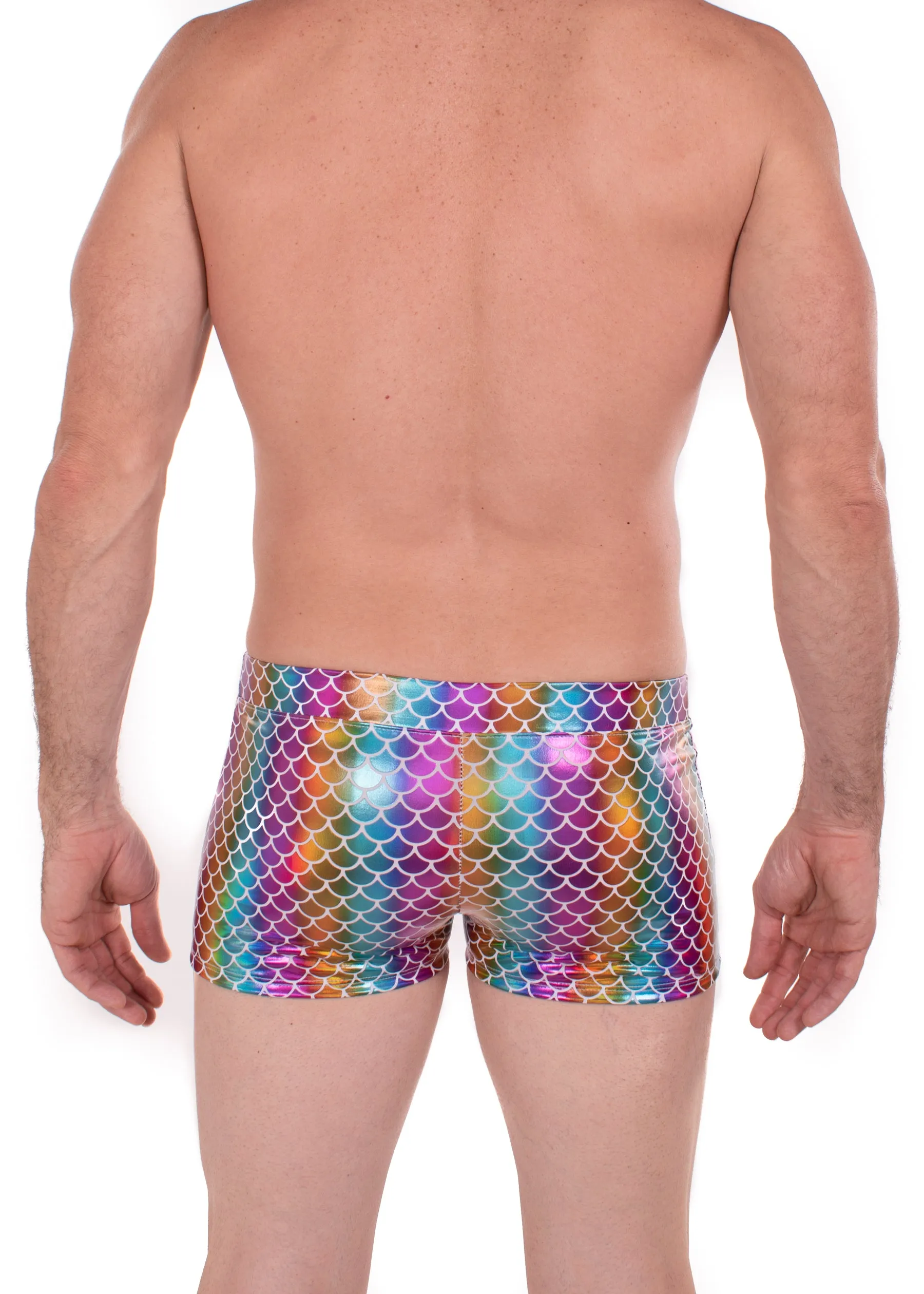 Holographic Rainbow Merman - Men's Pouch Booty Shorts // Disco Fish Scale Square Front Swim Trunks