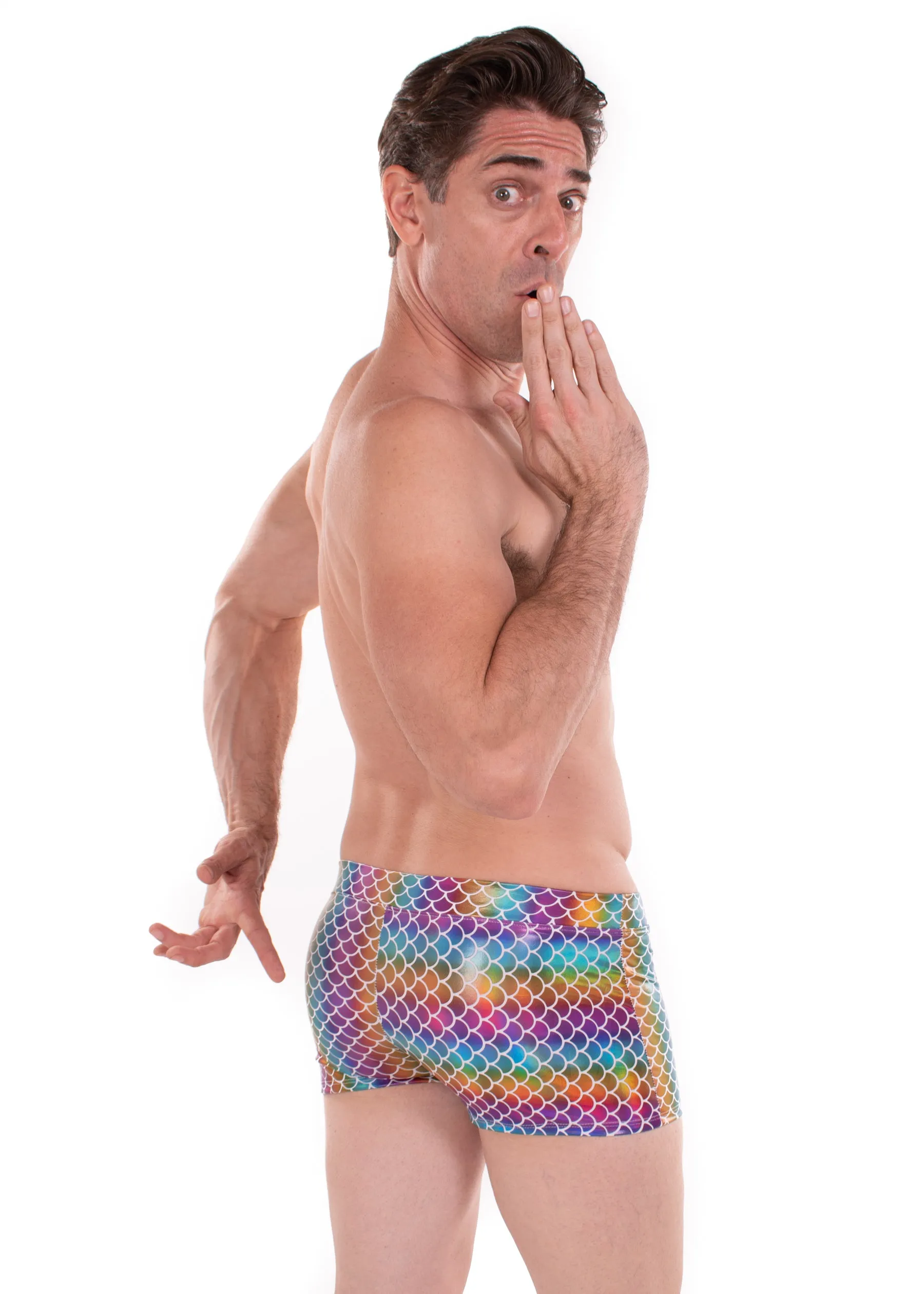 Holographic Rainbow Merman - Men's Pouch Booty Shorts // Disco Fish Scale Square Front Swim Trunks