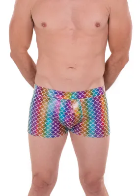 Holographic Rainbow Merman - Men's Pouch Booty Shorts // Disco Fish Scale Square Front Swim Trunks