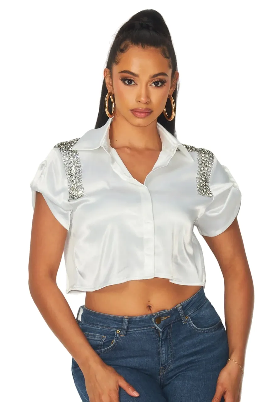 Hot & Delicious Women's Leni Rhinestone Embellished Crop Button Up Shirt